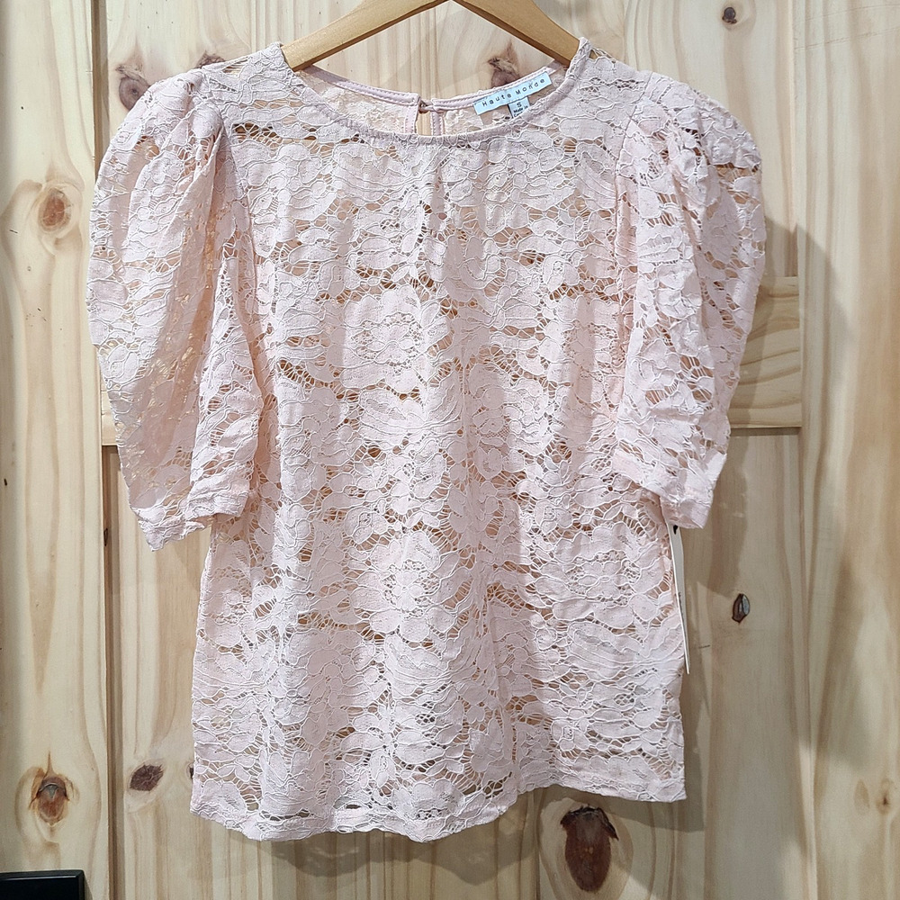 NWT Haute Monde Pink Sheer Lace Puff Sleeve Top Cottagecore Boho Coquette Size S